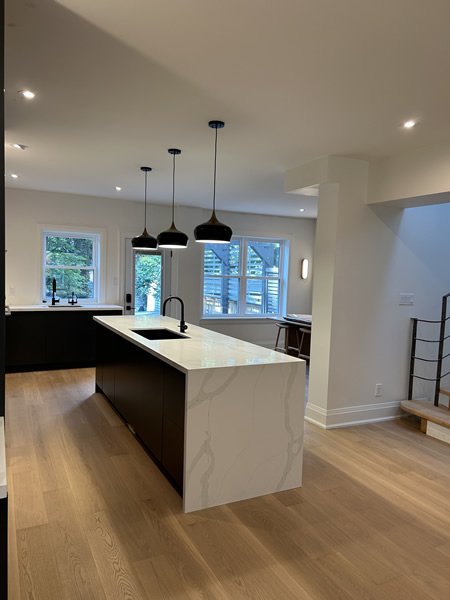 Full home renovation, kitchen with waterfall island, Toronto GTA